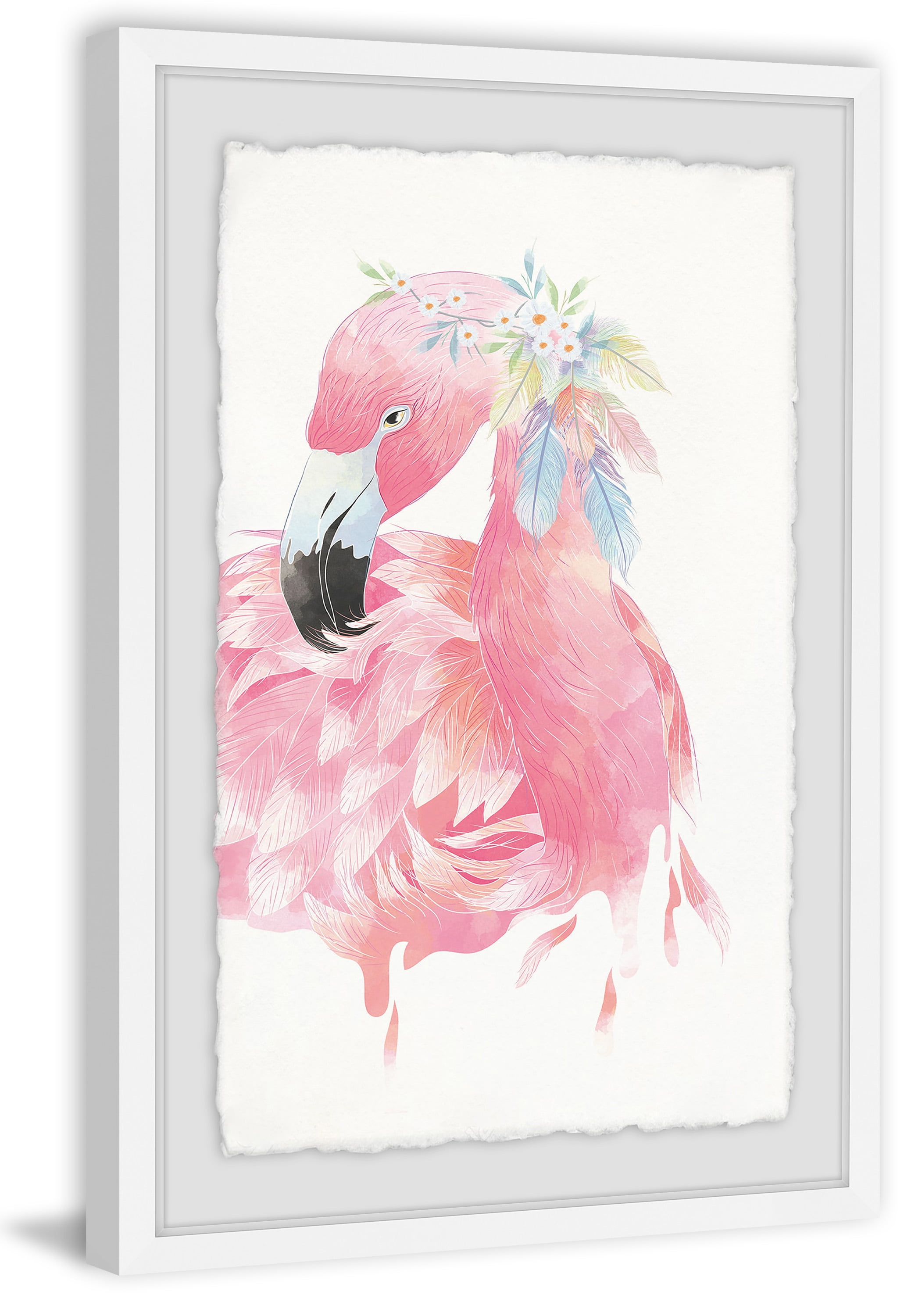 Pink Flamingo White Framed Giclee Print with Deckled Edges