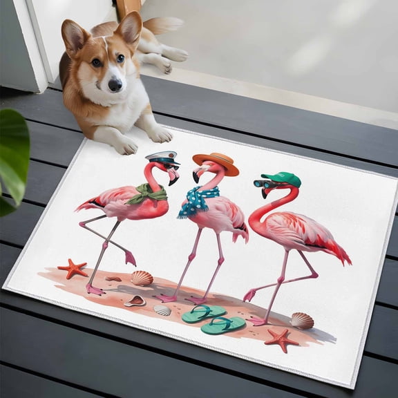 Pink Flamingo Front Door Rugs 2x3 ft Abstract Animals on The Beach Seaside Small Rug for Entryway Non Slip Washable Bathroom Door Mat Absorbent Floor Mat for Indoor Entrance