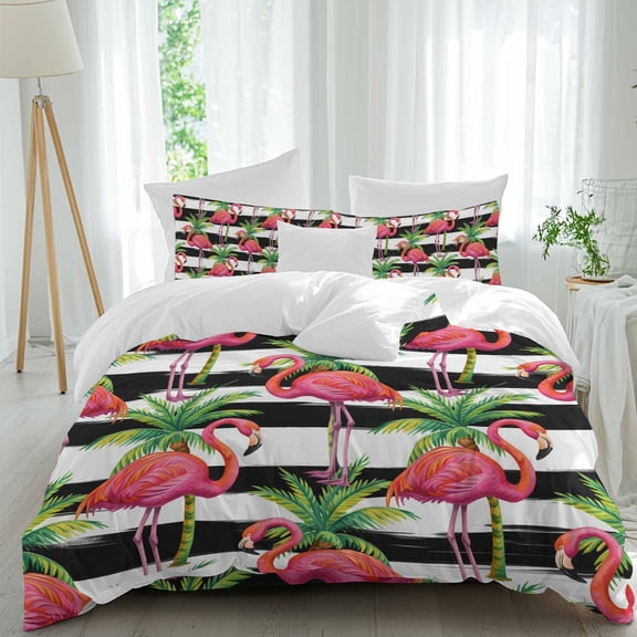Pink Flamingo Full Size Comforter Set, Palm Leaf White Black Striped Animal Bedding for All Seasons, 4 Pcs Bed Set, 1Quiltcover (86"x86") ,1Sheet(80"x116"), 2Pillowcases (30"x20")