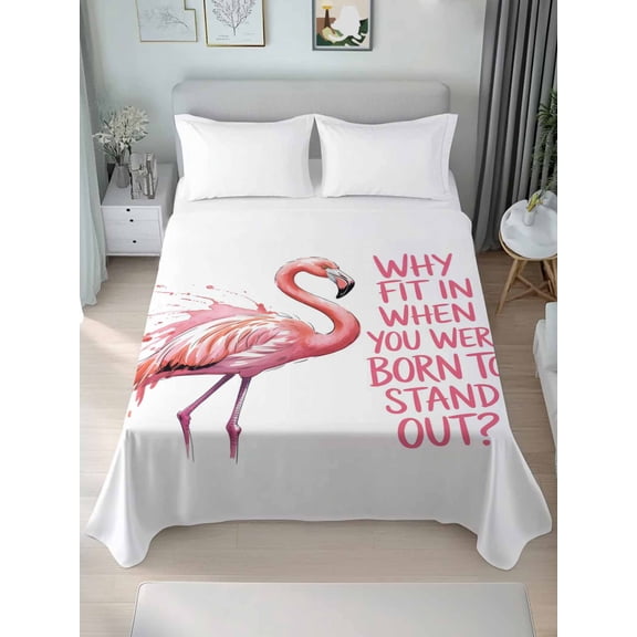 Pink Flamingo Full Size Flat Sheet, Wrinkleproof & Fadeproof Cooling Flat Bed Sheet Only, Summer Animal Gradient Watercolor Breathable Soft Bedding Top Sheets 81 x 96 Inches
