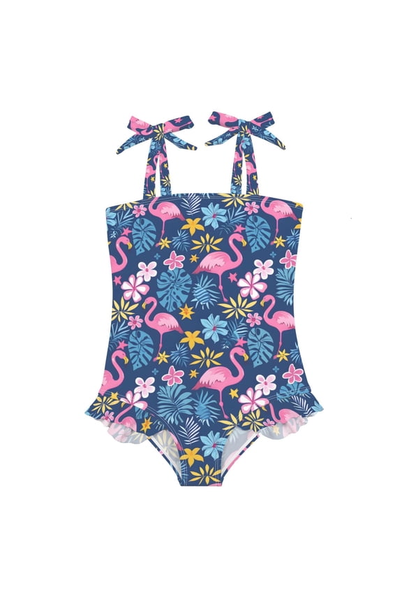 Pink Flamingo Girls' One-Piece Swimsuit Bowknot Tie Shoulder Ruffled Stretchy Quick Dry