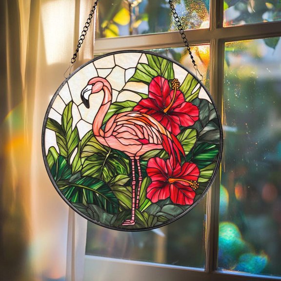 Pink Flamingo Glass Suncatcher, Tropical Window Hanging Decor, Hibiscus Jungle Bird Panel, Exotic Animal Lover Gift,Summer Glass Art, Suncatcher Window Hanging, 3.5 in