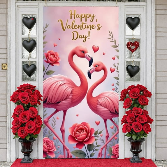 Pink Flamingo Happy Valentine's Day Banner Red Roses Romantic Design Heart Elements Gold Glitter for Couples Romantic Party Indoor Decoration Valentine's Celebration