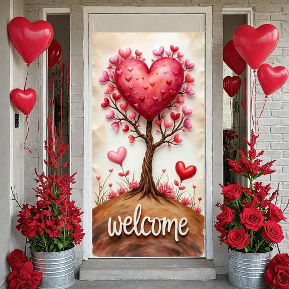 Pink Flamingo Happy Valentine's Day Banner Red Roses Romantic Design Heart Elements Gold Glitter for Couples Romantic Party Indoor Decoration Valentine's Celebration