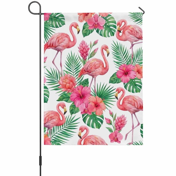Pink Flamingo House Flag 28 x 40 Inches, Boho Tropical Hibiscus Green Leaf Weather Proof Outdoor Patio Flags Double Sided Small House Decoration for Yard Lawn Outside Home