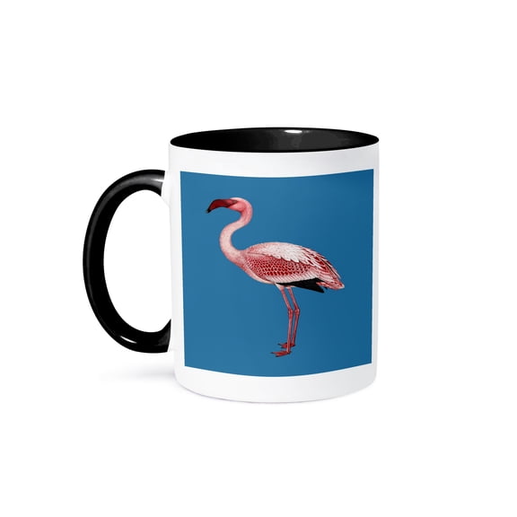 Pink Flamingo Isolated Vector Art On Blue, 11oz Two-Tone Black Mug