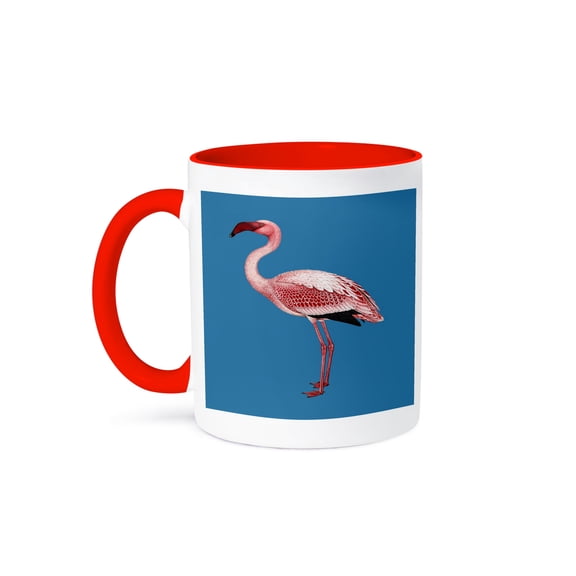 Pink Flamingo Isolated Vector Art On Blue, 11oz Two-Tone Red Mug