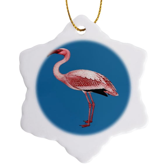 Pink Flamingo Isolated Vector Art On Blue, 3 inch Snowflake Porcelain Ornament
