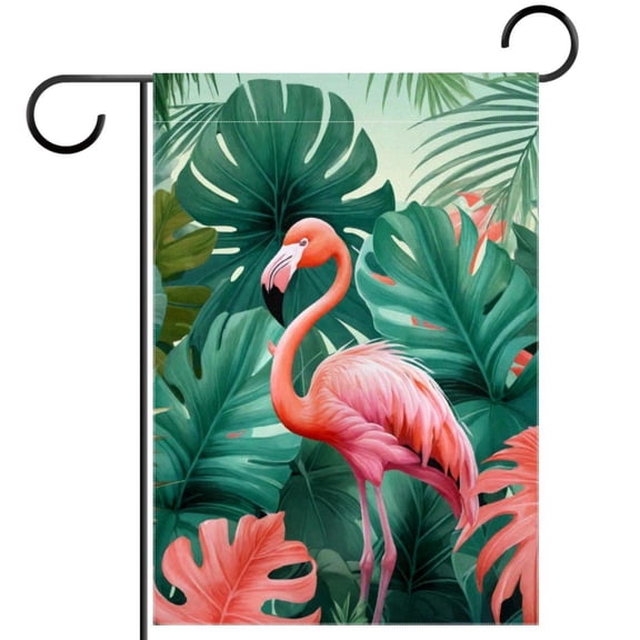 Pink Flamingo Jungle Leaves Trees Decorative Garden Flag for All Seasons, 12 x 18 Inch Small Vertical Double Sided Outside Decoration for Yard Farmhouse
