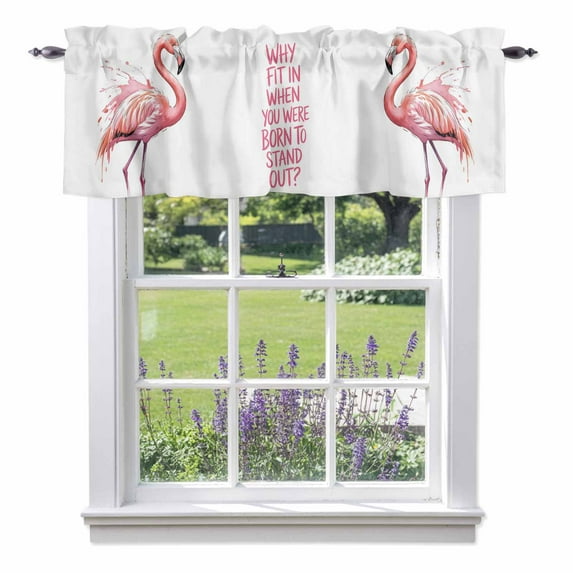 Pink Flamingo Kitchen Curtain Valances for Windows Farmhouse Short Curtains, Summer Animal Gradient Watercolor Rod Pocket Valance Curtain for Bedroom Cafe Living Room