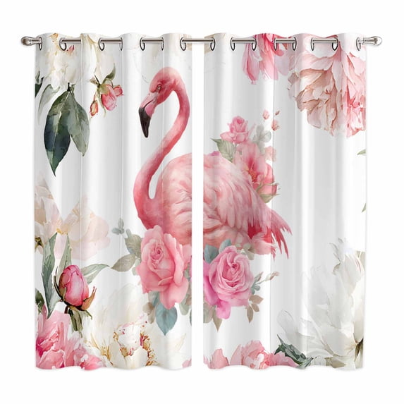 Pink Flamingo Kitchen Curtains Window Panels, Watercolor Flowers Spring Floral Leaf Plant Insulated Window Treatment Curtain, Grommet Curtains for Bedroom/Living Room/Bathroom, 2 Piece 52"Wx84"L