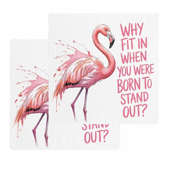 Pink Flamingo Kitchen Dish Towels for Drying Dishes Set of 2, Summer Animal Gradient Watercolor Waffle Weave Microfiber Hand Tea Bathroom Towels Quick Dry & Absorbent Towel 12x12