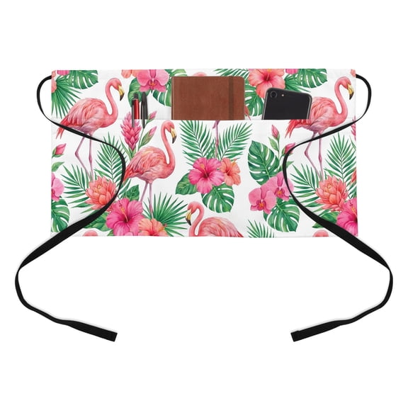 Pink Flamingo Kitchen Restaurant Half Waist Apron, Boho Tropical Hibiscus Green Leaf Server Short Apron with 3 Pockets Waterproof Oil Waist Aprons for Women Waitress Waiter