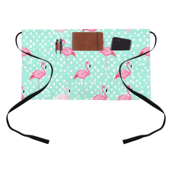 Pink Flamingo Kitchen Restaurant Half Waist Apron, Cartoon Animal Green Polka Dot Background Server Short Apron with 3 Pockets Waterproof Oil Waist Aprons for Women Waitress Waiter