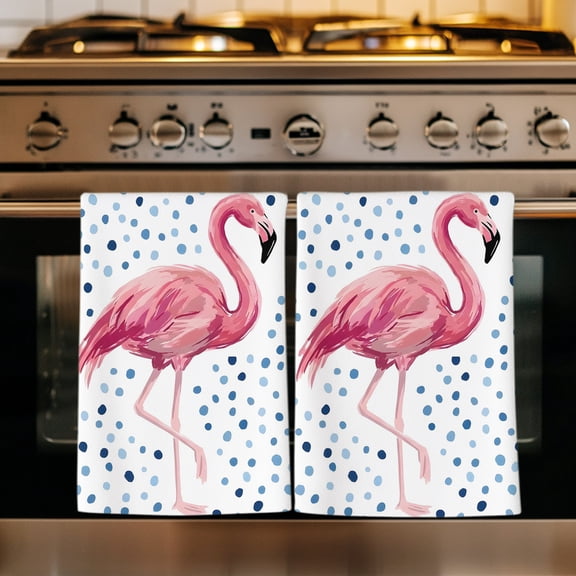 Pink Flamingo Kitchen Towels Set of 1, Blue Polka Dots Tropical Modern Art Absorbent Dish Towels for Kitchen, Microfiber Hand Towel, Quick Drying Tea Towel for Cleaning Decorative Dishcloths