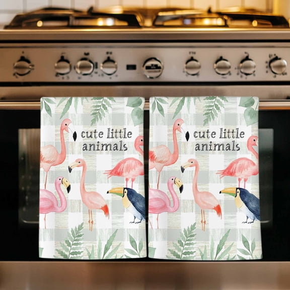 Pink Flamingo Kitchen Towels Set of 1, Botanical Floral Leaves Summer Green Plaid Absorbent Dish Towels for Kitchen, Microfiber Hand Towel, Quick Drying Tea Towel for Cleaning Decorative Dishcloths