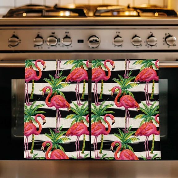 Pink Flamingo Kitchen Towels Set of 1, Palm Leaf Black Striped Tropical Plant Absorbent Dish Towels for Kitchen, Microfiber Hand Towel, Quick Drying Tea Towel for Cleaning Decorative Dishcloths
