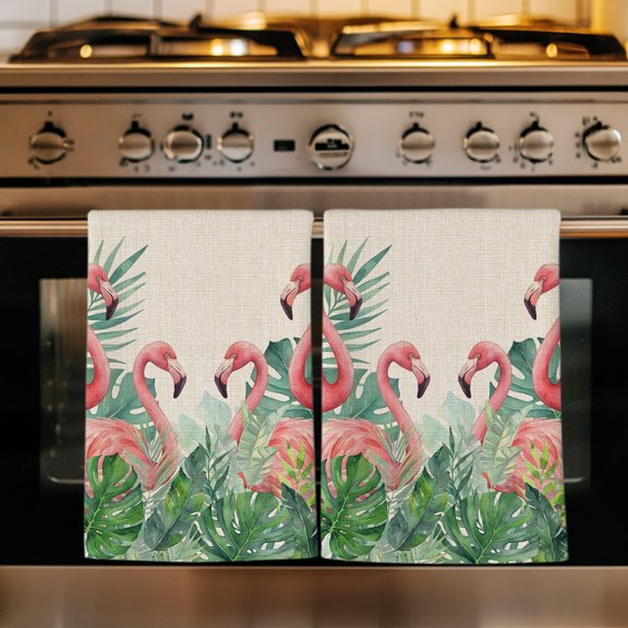Pink Flamingo Kitchen Towels Set of 1, Summer Tropical Palm Leaves Burlap Absorbent Dish Towels for Kitchen, Microfiber Hand Towel, Quick Drying Tea Towel for Cleaning Decorative Dishcloths