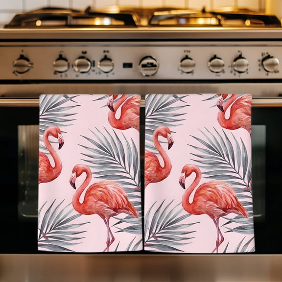 Pink Flamingo Kitchen Towels Set of 1, Summer Tropical Palm Leaves Elegant Absorbent Dish Towels for Kitchen, Microfiber Hand Towel, Quick Drying Tea Towel for Cleaning Decorative Dishcloths