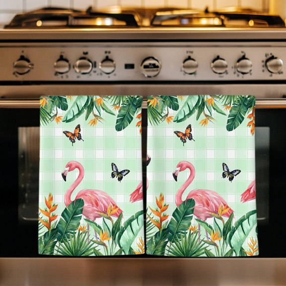 Pink Flamingo Kitchen Towels Set of 1, Summer Tropical Palm Leaves Green Plaid Absorbent Dish Towels for Kitchen, Microfiber Hand Towel, Quick Drying Tea Towel for Cleaning Decorative Dishcloths