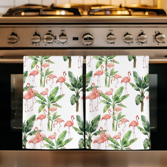 Pink Flamingo Kitchen Towels Set of 1, Summer Tropical Palm Tree Modern Art Absorbent Dish Towels for Kitchen, Microfiber Hand Towel, Quick Drying Tea Towel for Cleaning Decorative Dishcloths
