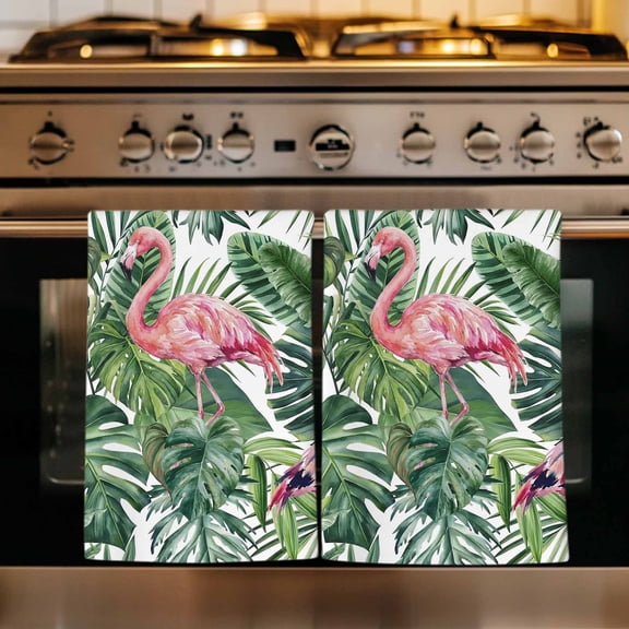 Pink Flamingo Kitchen Towels Set of 1, Summer Tropical Plants Green Leaves Absorbent Dish Towels for Kitchen, Microfiber Hand Towel, Quick Drying Tea Towel for Cleaning Decorative Dishcloths