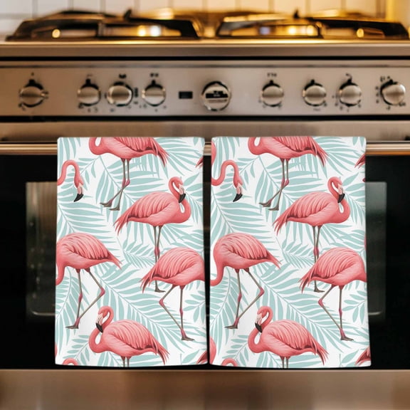 Pink Flamingo Kitchen Towels Set of 2, Blue Summer Tropical Plants Leaves Absorbent Dish Towels for Kitchen, Microfiber Hand Towel, Quick Drying Tea Towel for Cleaning Decorative Dishcloths