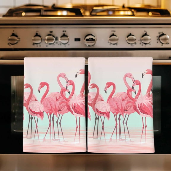 Pink Flamingo Kitchen Towels Set of 2, Summer Tropical Flamingo Hawaii Animals Absorbent Dish Towels for Kitchen, Microfiber Hand Towel, Quick Drying Tea Towel for Cleaning Decorative Dishcloths