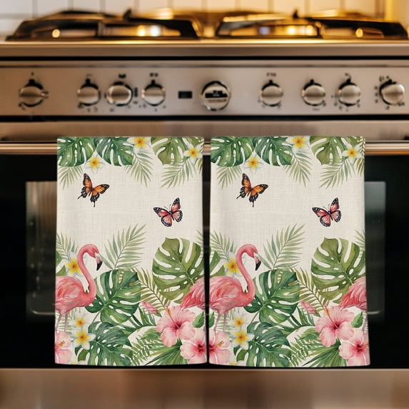 Pink Flamingo Kitchen Towels Set of 2, Summer Tropical Palm Leaves Floral Rustic Absorbent Dish Towels for Kitchen, Microfiber Hand Towel, Quick Drying Tea Towel for Cleaning Decorative Dishcloths