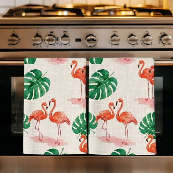 Pink Flamingo Kitchen Towels Set of 3, Boho Summer Tropical Palm Leaves Burlap Absorbent Dish Towels for Kitchen, Microfiber Hand Towel, Quick Drying Tea Towel for Cleaning Decorative Dishcloths