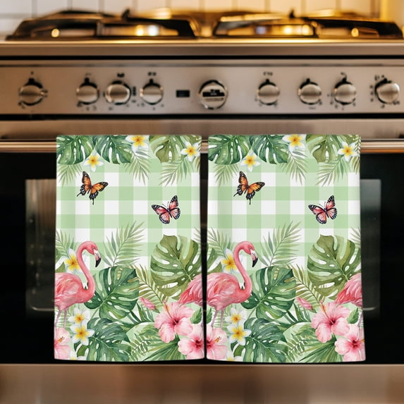 Pink Flamingo Kitchen Towels Set of 4, Summer Tropical Palm Leaf Floral Green Plaid Absorbent Dish Towels for Kitchen, Microfiber Hand Towel, Quick Drying Tea Towel for Cleaning Decorative Dishcloths