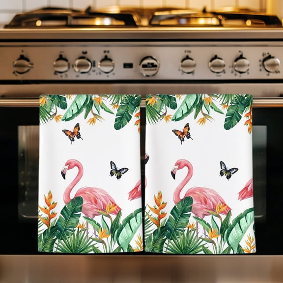 Pink Flamingo Kitchen Towels Set of 4, Summer Tropical Palm Leaves Butterflies Absorbent Dish Towels for Kitchen, Microfiber Hand Towel, Quick Drying Tea Towel for Cleaning Decorative Dishcloths