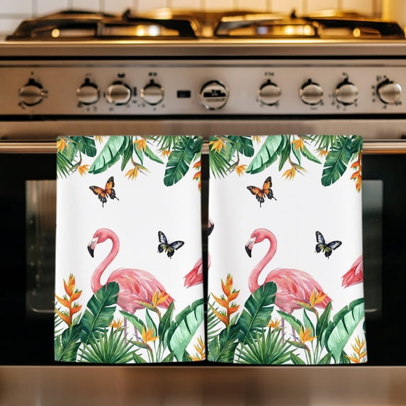 Pink Flamingo Kitchen Towels Set of 4, Summer Tropical Palm Leaves Butterflies Absorbent Dish Towels for Kitchen, Microfiber Hand Towel, Quick Drying Tea Towel for Cleaning Decorative Dishcloths