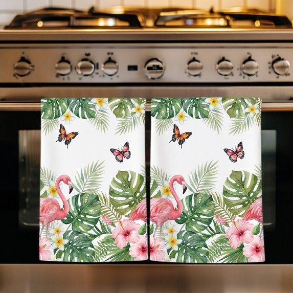 Pink Flamingo Kitchen Towels Set of 4, Summer Tropical Palm Leaves Floral Butterfly Absorbent Dish Towels for Kitchen, Microfiber Hand Towel, Quick Drying Tea Towel for Cleaning Decorative Dishcloths