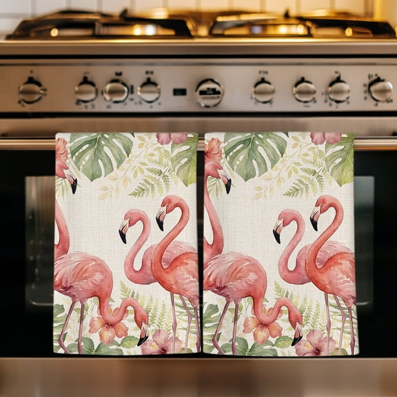 Pink Flamingo Kitchen Towels Set of 4, Tropical Summer Palm Leaves Floral Rustic Absorbent Dish Towels for Kitchen, Microfiber Hand Towel, Quick Drying Tea Towel for Cleaning Decorative Dishcloths