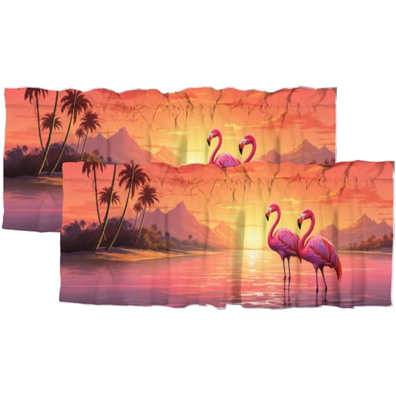 Pink Flamingo Kitchen Valance Curtain Rod Pocket Tropical Palm Tree Beach Sunset Natural Scenery Window Treatment for Living Room Bedroom Bathroom 54 by 18 in, 2 Panel