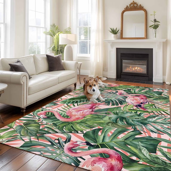 Pink Flamingo Large Area Rugs 8x10 ft Country Tropical Animal Green Monstera Leaf Plant Farm Washable Rug Non Slip Indoor Carpet Absorbent Floor Mat for Living Room Bedroom Dining Room