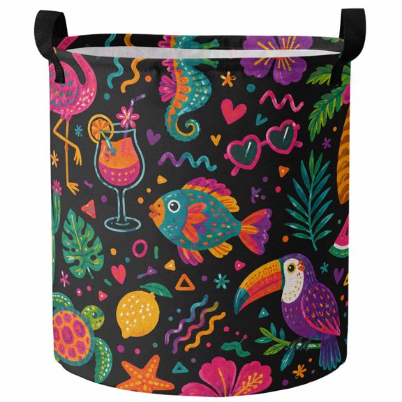 Pink Flamingo Laundry Hamper Dirty Clothes Hamper for Bedroom Bathroom Tropical Toucan Bird Turtles Fish Cactus Clothes Hampers Laundry Basket Toy Baskets Storage Organizer 13.8"x17"