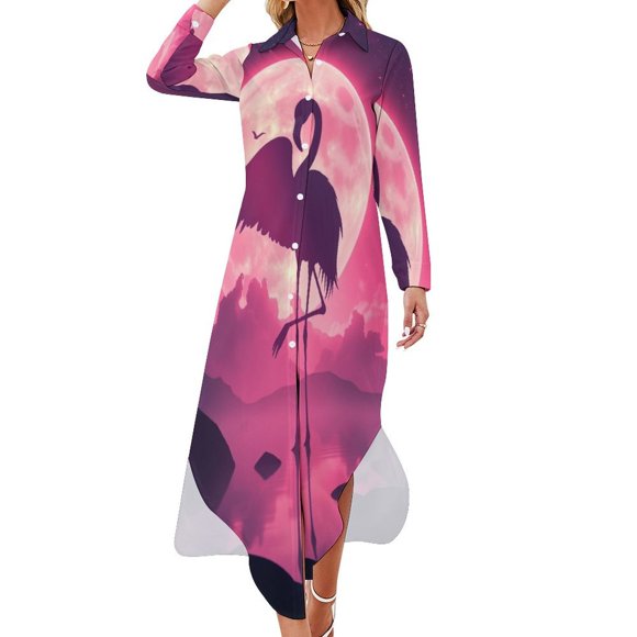 Pink Flamingo Moonlit Night Chiffon Dress V Neck Dresses Women Casual Dress