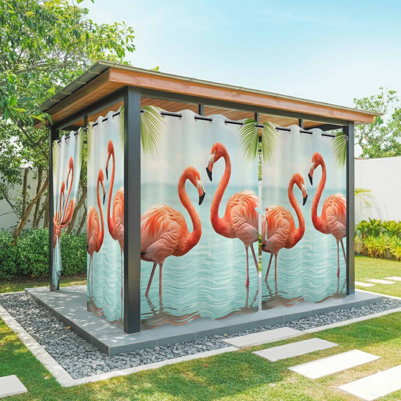 Pink Flamingo Outdoor Curtains for Patio, Animal Tropical Palm Tree Blue Lake Surface Sunshade Privacy Drapes Grommet Waterproof Outside Curtains for Porch/Cabana/Balcony 54"x 108", 1 Panel