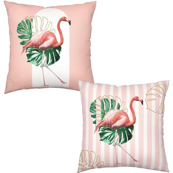 Pink Flamingo Outdoor Pillow Covers 20x20 Set of 2 Tropical Green Leaves Abstract Arch Pink White Striped Decorative Pillow Cases Spring Summer Farmhouse Decor for Home Couch Sofa