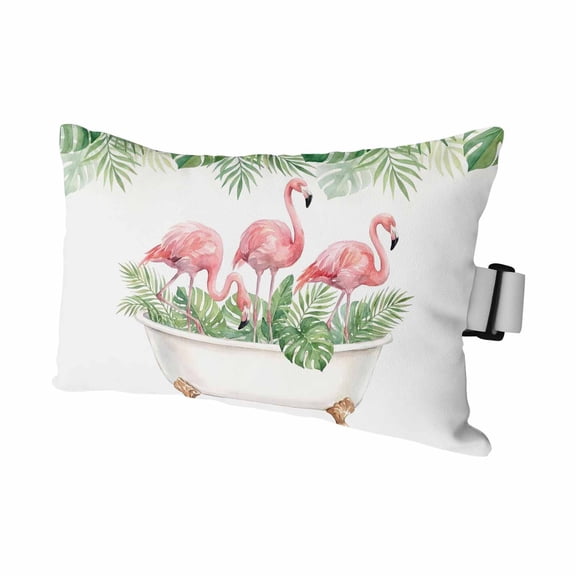 Pink Flamingo Outdoor Pillows for Chaise Lounge Chair Waterproof Lumbar Pillows with Insert&Adjustable Strap Beach Headrest Pillow Tropical Summer Bathtub Palm Leaves Funny Pool Pillow 11"x16"