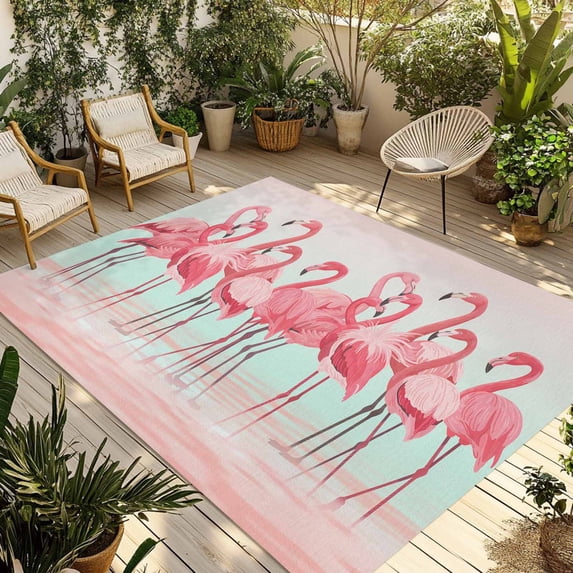 Pink Flamingo Outdoor Rug 3x5 Ft - Reversible Patio Rug Outdoor Camping Rugs, Summer Tropical Flamingo Hawaii Animals Washable Indoor Outdoor Area Rugs, Non-Slip Outdoor Carpet Runner for Deck/Porch
