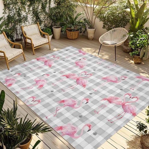 Pink Flamingo Outdoor Rug 4x6 Ft - Reversible Patio Rug Outdoor Camping Rugs, Summer Tropical Animals Grey Plaid Washable Indoor Outdoor Area Rugs, Non-Slip Outdoor Carpet Runner for Deck/Porch