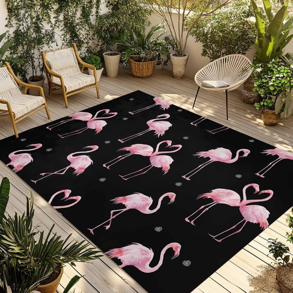 Pink Flamingo Outdoor Rug 5x7 Ft - Reversible Patio Rug Outdoor Camping Rugs, Summer Tropical Animals Black Washable Indoor Outdoor Area Rugs, Non-Slip Outdoor Carpet Runner for Deck/Porch