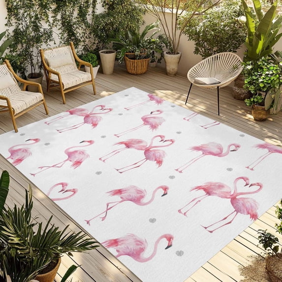 Pink Flamingo Outdoor Rug 5x7 Ft - Reversible Patio Rug Outdoor Camping Rugs, Summer Tropical Animals Washable Indoor Outdoor Area Rugs, Non-Slip Outdoor Carpet Runner for Deck/Porch