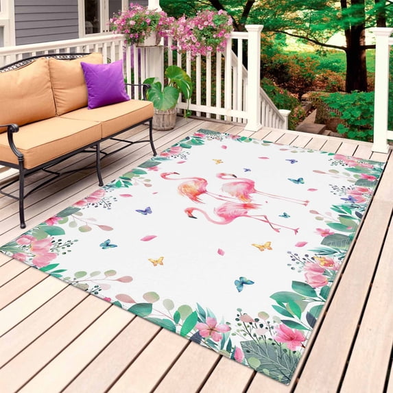 Pink Flamingo Outdoor Rug 5x8 Ft, Non Slip Washable Area Rug, Tropical Botanical Summer Butterfly Flower Patio Rugs Carpet Runner, Large Floor Mat for Indoor/Outdoor Deck Porch Camping