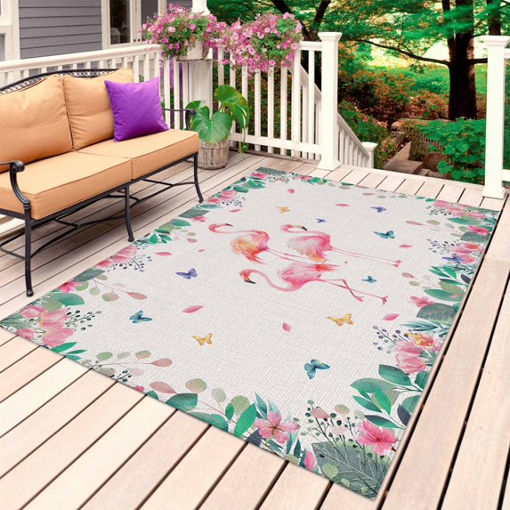 Pink Flamingo Outdoor Rug 5x8 Ft, Non Slip Washable Area Rug, Tropical Botanical Summer Flower Rustic Patio Rugs Carpet Runner, Large Floor Mat for Indoor/Outdoor Deck Porch Camping