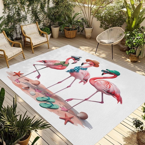 Pink Flamingo Outdoor Rug for Patio/Deck/Porch, Non-Slip Large Area Rug 3 x 5 Ft, Summer Coastal Ocean Nautical Sea Beach Indoor Outdoor Rugs Washable Area Rugs, Reversible Camping Rug Carpet Runner