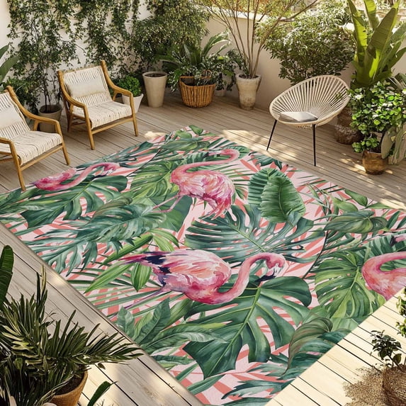 Pink Flamingo Outdoor Rug for Patio/Deck/Porch, Non-Slip Large Area Rug 3 x 5 Ft, Summer Tropical Watercolor Plants Green Leaves Indoor Outdoor Rugs Washable Area Rugs, Camping Rug Carpet Runner